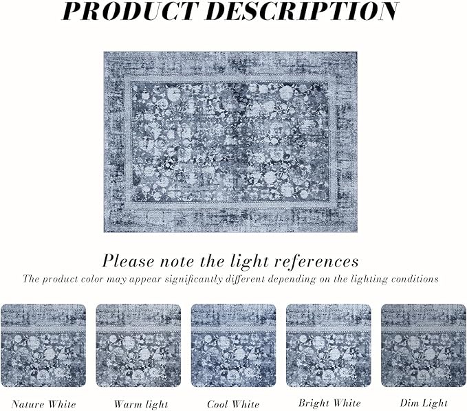 Area Rug 5×7, Vintage Boho Rug,Ultra-Soft Low Pile, Washable, Non Slip,Stain Resistant Printed Carpet for Living Room Bedrooms Playroom Office Kitchen, Stone/Blue