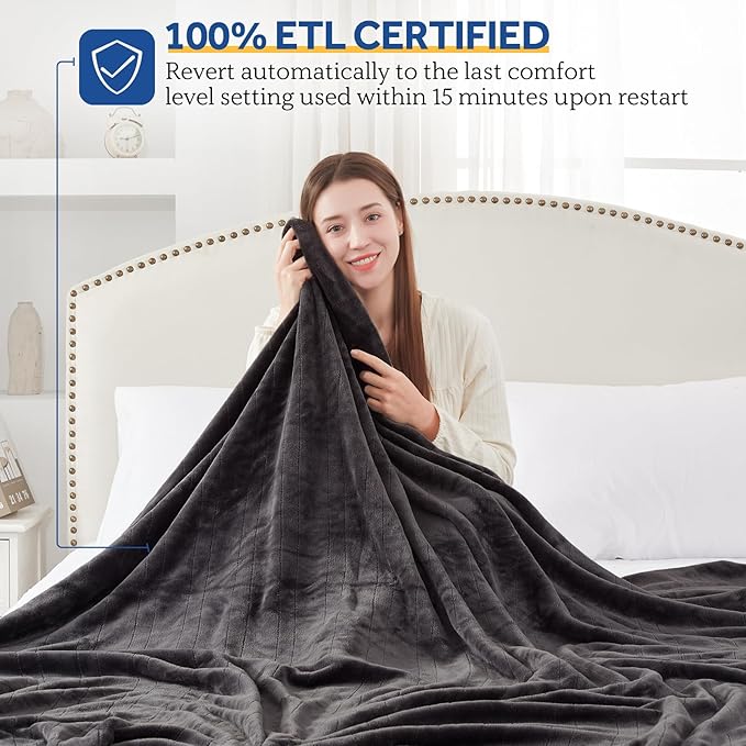 Sealy Heated Electric Blanket Queen Size, Flannel Electric Blanket with 10 Heating Levels & 1-12 Hours Auto Shut Off, Fast Heating Warming Blanket, Machine Washable, Grey, 84 x 90 Inch