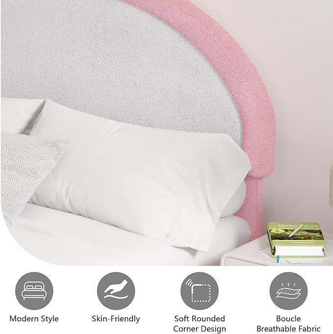 Full Size Bed Frame, Boucle Upholstered Platform Bed Frame with Headboard, White Bed Frame, Soft Rounded Corners, No Box Spring Required, Easy Assembly, Pink&White