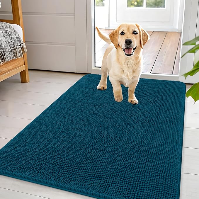 OLANLY Dog Door Mat for Muddy Paws 44x32, Absorbs Moisture and Dirt, Absorbent Non-Slip Washable Doormat, Quick Dry Chenille Mud Mat, Entry Indoor Entryway Carpet for Inside Floor, Atlantic Blue