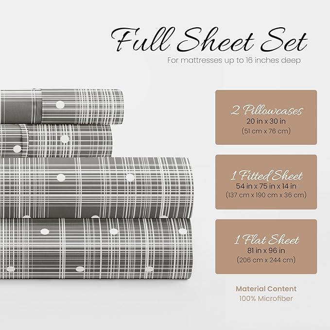Linen Market Double-Brushed Patterned Microfiber Full Sheet Set 4 Piece – Oeko-TEX Certified Ultra Soft & Wrinkle-Free - 16" Deep Pocket Sheets - Easy Care Full Size - Polka Dot Gray