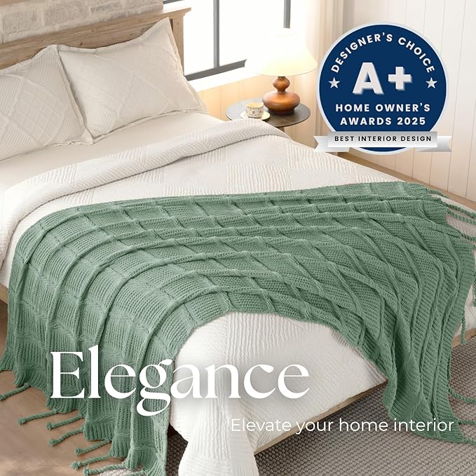 Boho Knitted Chenille Blanket with Tassels - Lightweight & Soft All-Season Throw - 3D Classic Pattern for Living Room Bedroom Couch, Sage Green, Twin 60"x80"
