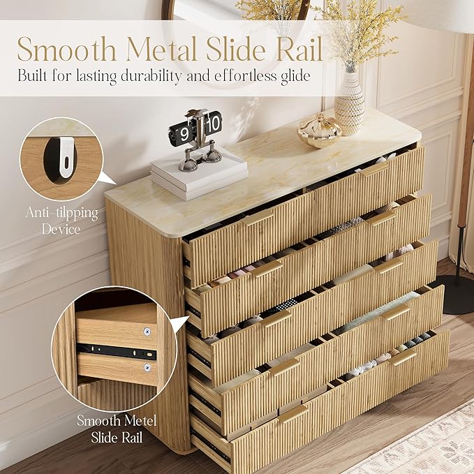 Fluted Drawers Dresser for Bedroom with 10 Drawers, 42'' Wide Mid Century Dressers with Faux Marble Top & Metal Handle, Wooden Chest of Drawers TV Stand, Natural Wood Closet Storage Organizer,Oak