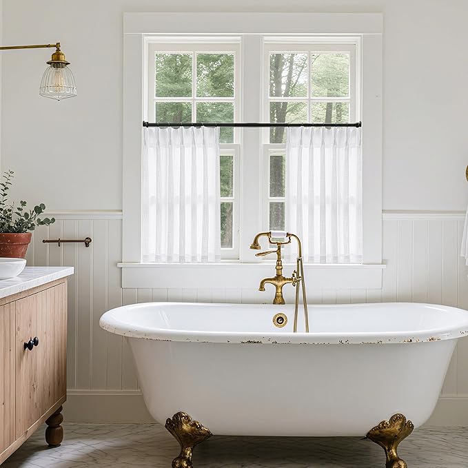 Pinch Pleated White 36 Inch Length Kitchen Curtains 2 Panels Set Linen Blend Semi Sheer Privacy Pinch Pleat Back Tab Light Filtering Curtains for Bathroom Window Small Window Drapes for Laundry