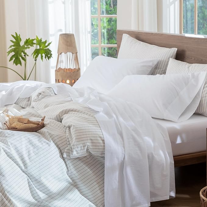 MooMee Bedding Sheet Set 100% Washed Cotton Linen Like Textured Breathable Durable Soft Comfy (Solid Bright White, Twin XL)