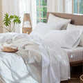 MooMee Bedding Sheet Set 100% Washed Cotton Linen Like Textured Breathable Durable Soft Comfy (Solid Bright White, Split King)