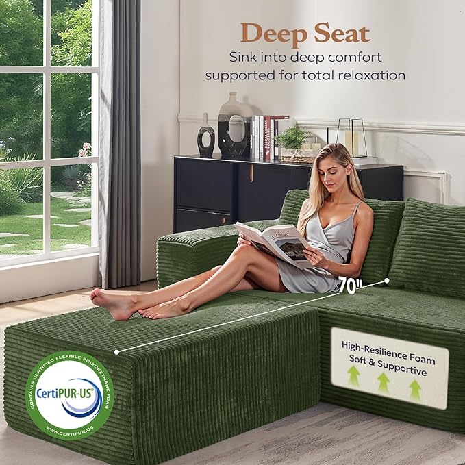 67" Loveseat Sofa, Cloud Modular Couch, Upholstered Floor Sofa with Deep Seat, Upholstered Foam Sofa for Bedroom Living Room, No Assembly Required (Green, Plush Corduroy Fabric)
