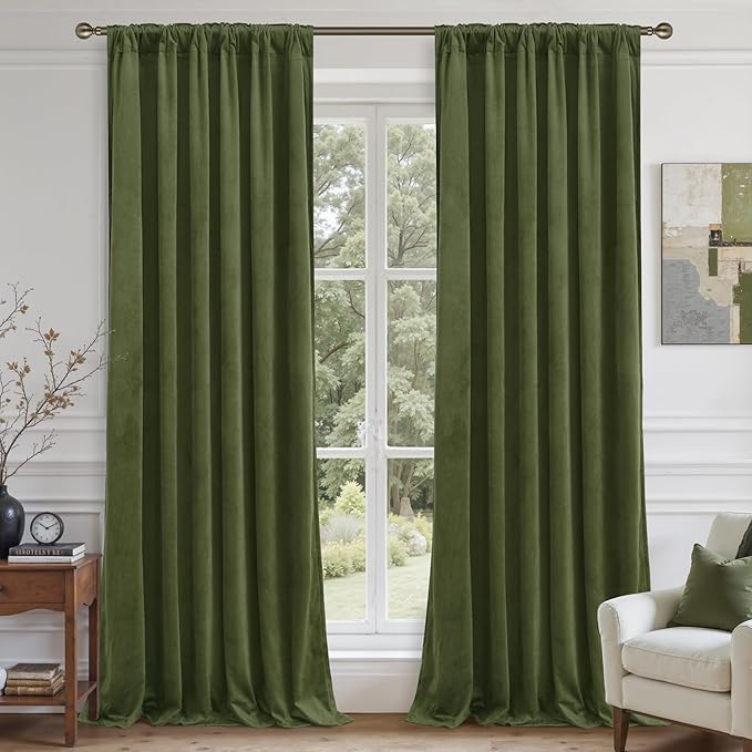 LAMIT Sage Green Velvet Curtains 108 Inches Long for Living Room, Luxury Thermal Insulated Blackout Panels Back Tab and Rod Pocket Room Darkening Drapes for Bedroom, 2 Panels, 52 x 108 Inch