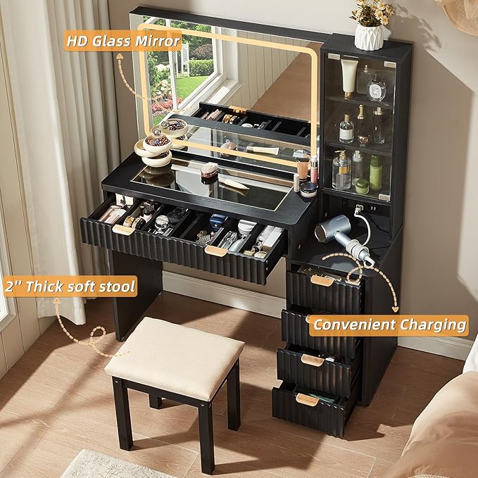 LEYAOYAO Vanity Desk with Mirror and Lights, 43.5'' Fluted Makeup Vanity with 6 Drawers and Adjustable Shelves, Black Wood Make Up Vanity Dressing Table with Glass Top and Power Outlet for Bedroom