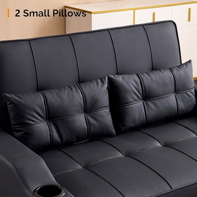 VINGLI Convertible Loveseat Sleeper, Black Faux Leather Futon Sofa Bed Pullout Couch Bed with USB Ports, Cup Holders, Armrest for Living Room, Bedroom, Home Office Apartment