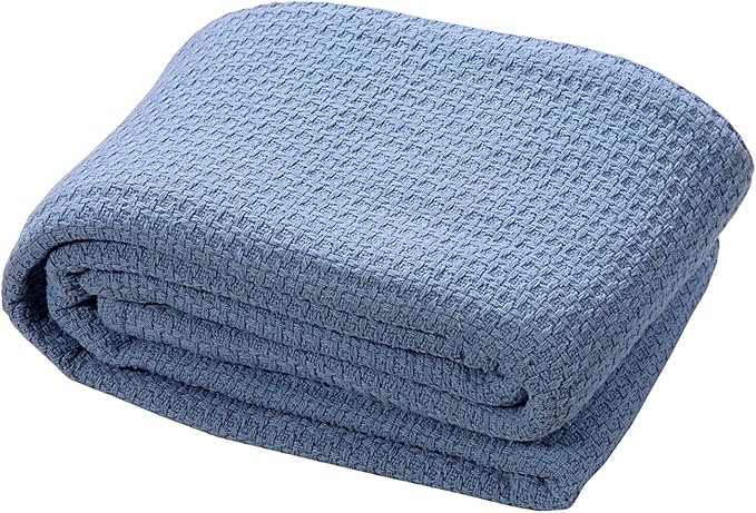 HILLFAIR 100% Combed Cotton Blanket– Queen Bed Blanket– Soft Cozy Warm Multipurpose Throws for Luxury Home Decor– 90 x 90 inch Queen Size Cotton Blankets for Beds- Bed Blankets for All Season- Blue