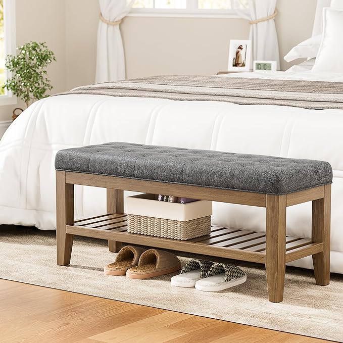 End of Bed Storage Bench, 42.9" Entryway Shoe Bench with Solid Wood Shelf, Upholstered Ottoman with Padded Seat for Bedroom, Hallway and Lining Room, Dark Gray