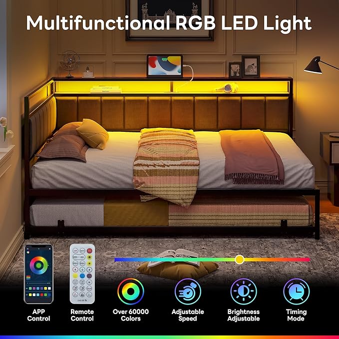LIKIMIO Corner Twin Bed Frame with Trundle, Upholstered Storage Headboard & LED Lights, Twin Size Daybed with Charging Station, Sturdy Platform Metal Frame for Living Room, Bedroom, Guest Room, Gray