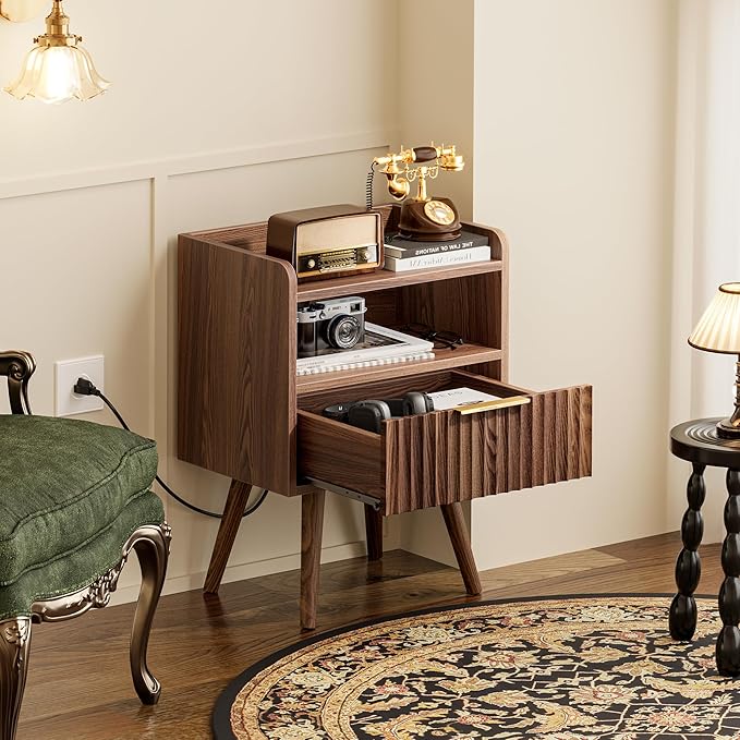 Huuger Nightstand with Charging Station, USB-C Port, Fluted Night Stand Set of 2, Bed Side Table with Drawer, Solid Wood Feet, Open Storage, End Table with Raised Edge, for Bedroom, Walnut