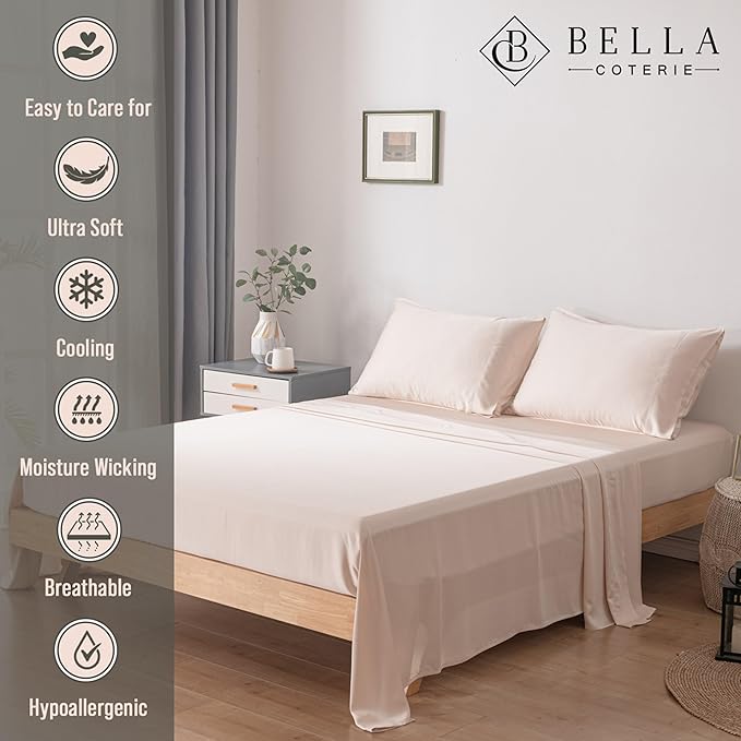 Bella Coterie Luxury Bamboo Viscose 34” Split Top King Size Sheet Set | 1 Fitted Sheet for Sleep Number & Adjustable Beds | 100% Organically Grown | Cooling & Soft | 18” Deep Pocket [Champagne]