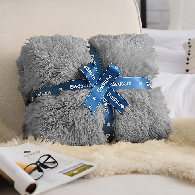 Bedsure GentleSoft Fuzzy Sherpa Faux Fur Twin Blanket Grey Cozy Gifts for Women Men, Soft Fleece Plush Warm Minky Thick Blanket Twin Size for Bed, Couch, Dorm Essentials Grey Room Decor Gifts, 60x80