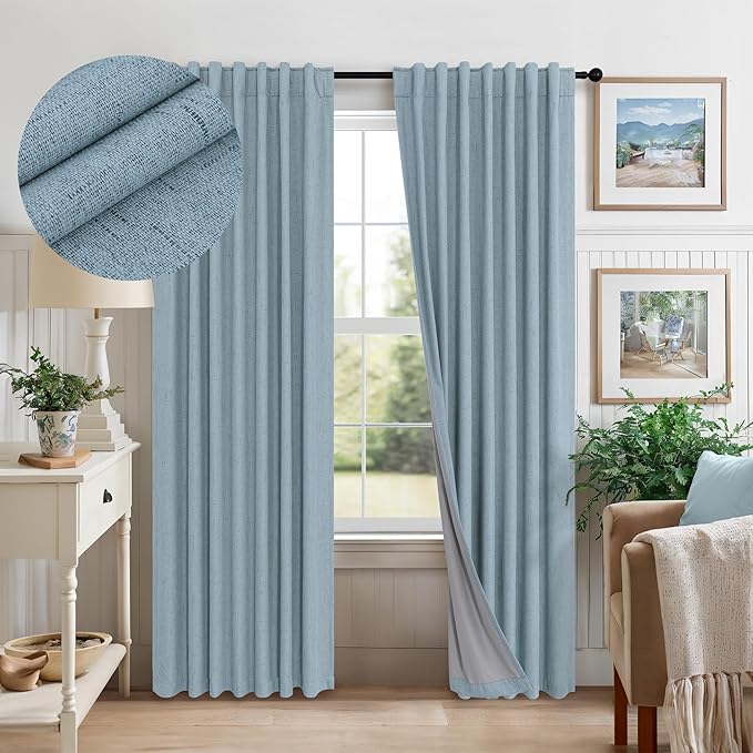 Light Blue Curtains for Bedroom 63 Inch Length 2 Panels Neutral Linen Textured Full Blackout Room Darkening Noise Reducing Curtain for Bay Window Kids Room Boys Nursery Dusty Slate Stone Blue 63 Long
