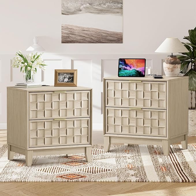 COLAMY Night Stand Set of 2, Nightstand with Charging Station, 22" Modern Bed Side Table with 2 Storage Drawers and Chessboard Relieffor Bedroom, Dorm and Small Spaces - Oak