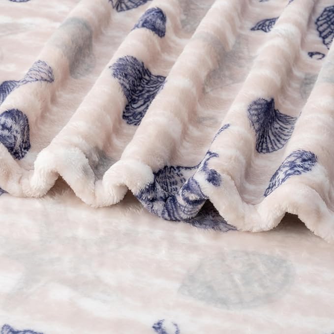 Berkshire Blanket-Classic Heavyweight Warm Soft Printed VelvetLoft® Plush Blanket, King Size Soft Fuzzy Blanket for Couch Sofa Bed, Classic Shells Navy, 90in x 108in