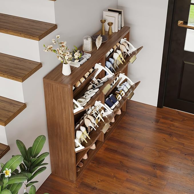 Fluted Shoe Cabinet Storage with 4 Flip Drawers, Narrow Shoe Storage Organizer for Entryway, Hidden Slim Wooden Shoe Rack Cabinet for Front Door Entrance, Hallway, Living Room (4-Drawer, Walnut)