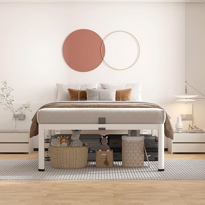 ROIL 18 Inch White Twin XL Bed Frame with Rounded Corner and Headboard Hole Mattress Retainers 3500LBS Heavy Duty Steel Slats No Box Spring Needed Platform Noise-Free Easy Assembly