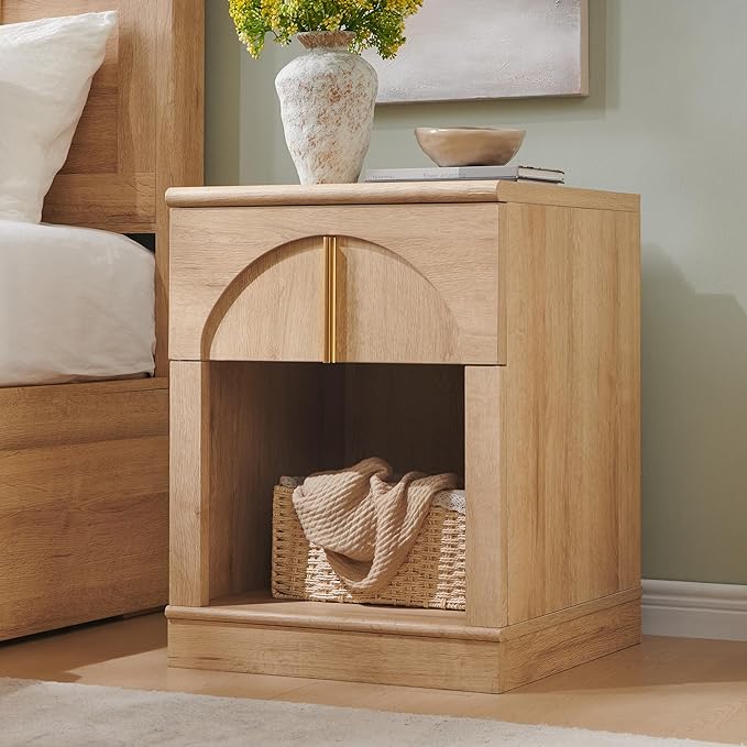 ACCOHOHO Modern Night Stand with Arched Panel,18" Wooden nightstand with Charging Station,Bedside Table with Drawer Storage,Side End Table with Open Shelf for Bedroom,Living Room,Natural Oak