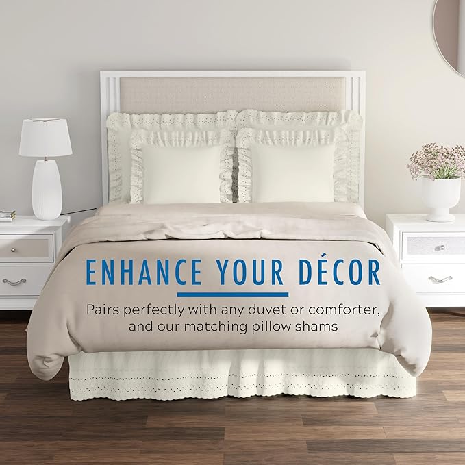 Fresh Ideas Eyelet Bed Skirt, Ruffled Design, 14 Inch Drop, Embroidered Scalloped Edge, Twin, Ivory