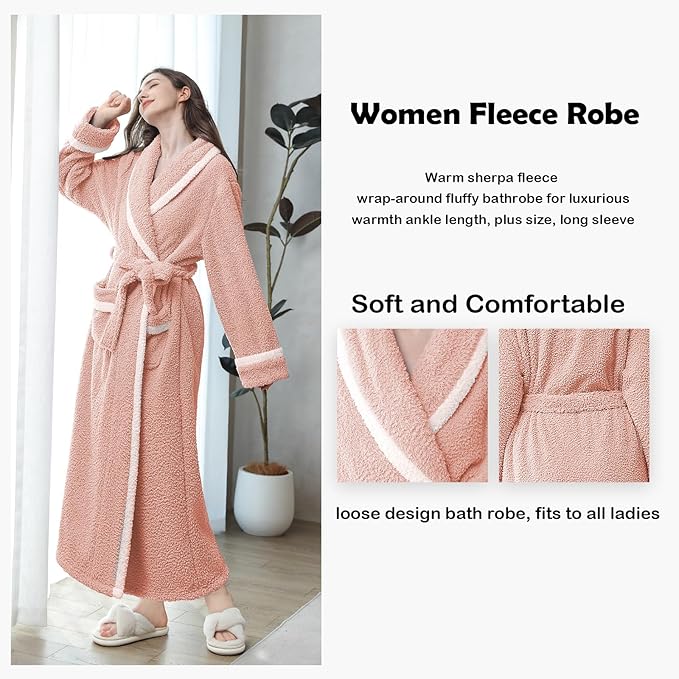 Oksun Womens Long Fleece Robe: Soft Fluffy Warm Bathrobe - Cozy Winter Housecoat Nigthgown with Chic Piping