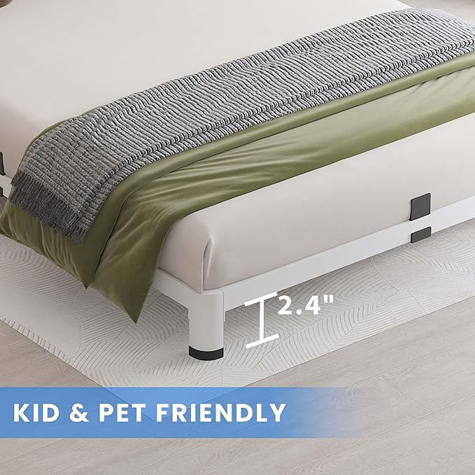 MAF 4 Inch Full Size Metal Platform Bed Frame White with Round Corner Legs, Mattress Slide Stopper, 3000 LBS Heavy Duty Steel Slats Support, Noise Free, No Box Spring Needed, Easy Assembly