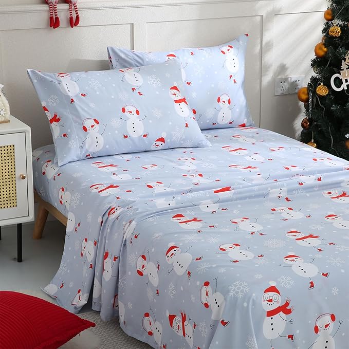 JSD Snowman Kids Sheet Set Twin Size, 3 Piece Blue Snowflakes Christmas Printed Microfiber Sheets Deep Pocket
