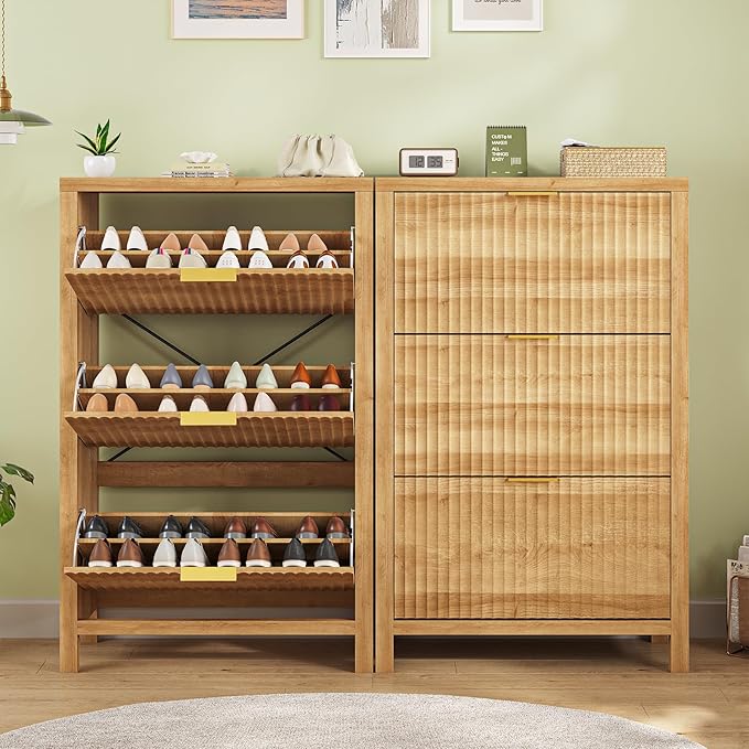 Shoe Cabinet Storage for Entryway, Fluted Shoe Cabinet with 3 Flip Drawers, Hidden Shoe Rack Tall Freestanding Shoe Organizer with Legs for Hallway, Oak