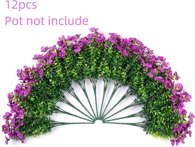 HyeFlora Artificial Flowers for Outdoor Indoor Garden Home Decoration, Faux Flower Daisy with Eucalyptus Leaves Fake Plants Greenery Boxwood Porch Patio, 12 Bundles (Purple)