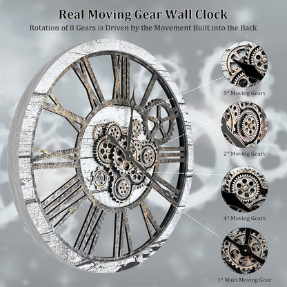 HOIBAI Large Wall Clock Clocks for Living Room Decor Oversized 30 Inch Wall Decor Farmhouse Vintage Rustic Industrial Roman Big Chic Home Decor Wall Clock for House Bedroom, Moving Gears Clock