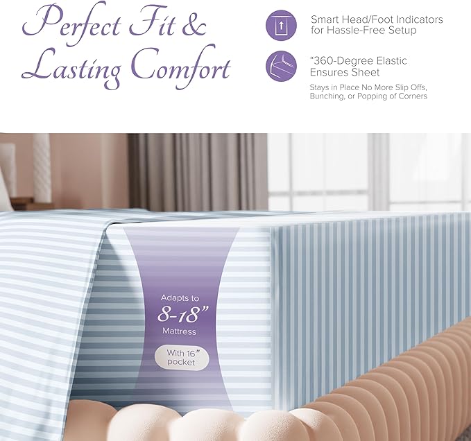 Carressa Linen Luxury Egyptian Cotton Twin Stripe Sheet Set - 600 Thread Count Extra Long Staple 3 PC Set, Light Blue Twin Damask Sheets, Soft, Cooling Sateen Weave Sheets Upto 18 in Deep Pocket