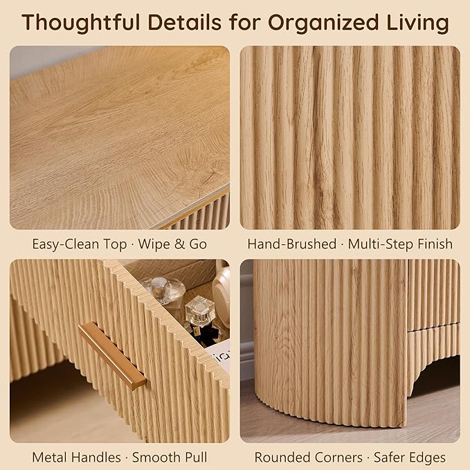 Fluted 8 Drawer Dresser for Bedroom with Curved Profile Design,53.9" W Wide Chest of Drawers with Reeded Front Panels,Wide Storage Cabinet with Smooth-Glide Drawers for Living Room,Natural Oak