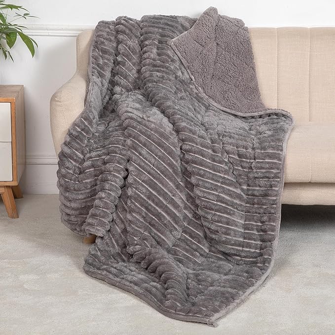 Sherpa Fleece Weighted Blanket with 3D Ribbed Stripes, 15 lbs Soft Flannel Heavy Throw Blanket for Couch Bed Sofa, Heavy Thick Blankets with Ceramic Beads, Great for Sleep, 48" x 72"