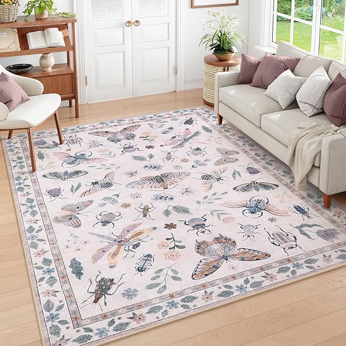 Lahome Insect Print Washable Rugs for Living Room, Soft 6x9 Pink Rug for Bedroom Ultra-Thin Non Slip, Stain Resistant Modern Easy Clean Large Carpet for Dining Room Nursery Classroom(6'x9',Pink)