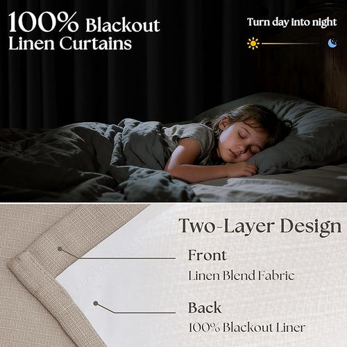108 Inch Pinch Pleat Drapes Greyish Beige Room Darkening Curtains 108 Inches Long for Bedroom Neutral Farmhouse 100% Blackout Thick Linen Double Layer Pleated Curtain 2 Panels Set Burlywood Birch