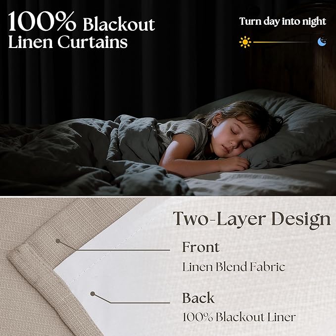 Dark Flax Linen Pinch Pleated Curtains 105 Inches Long for Bedroom Taupe Beige 100% Black Out Floor to Ceiling Sound Dampening Double Layer Living Room Darkeing 2 Panels Burlywood Birch Windows Drape