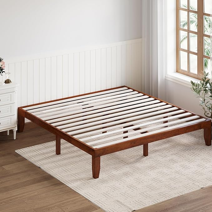 Giantex 14 Inch King Wood Platform Bed Frame, Minimalist Style Mattress Foundation with Solid Rubber Wood, Heavy Duty Slat Support, Without Headboard, Easy Assembly, No Box Spring Needed, Walnut