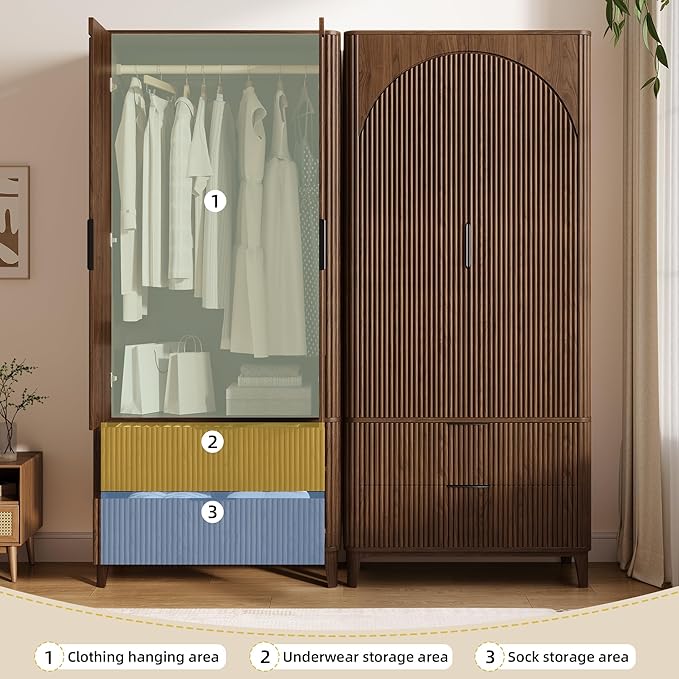 70.1" Arched Wooden Armoire Wardrobe Closet with 2 Doors and 2 Drawers, Fluted Bedroom Armoire with Hanging Rod Shelf, Clothing Storage Cabinet, Wardrobe Armoire Closet Cabinet for Bedroom