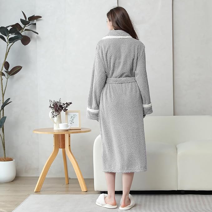 Oksun Womens Long Fleece Robe: Soft Fluffy Warm Bathrobe - Cozy Winter Housecoat Nigthgown with Chic Piping
