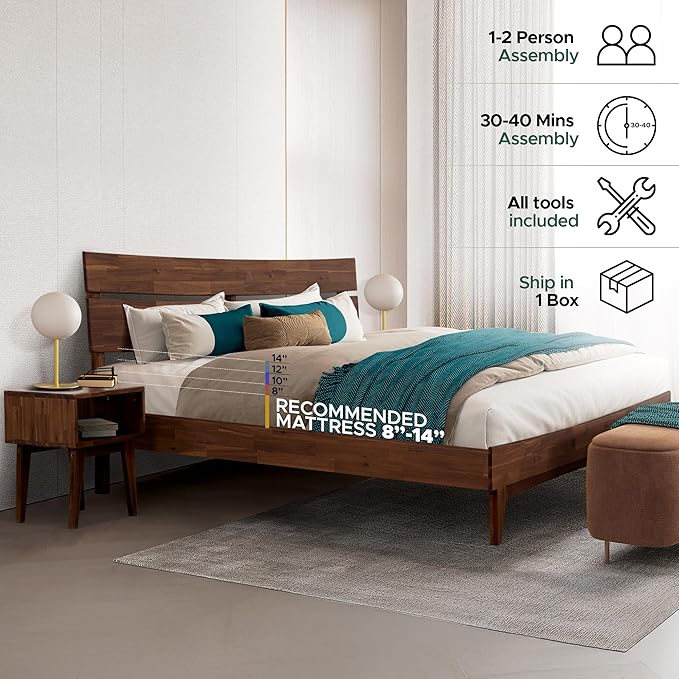 Acacia Aurora King Solid Wood Bed Frame with Headboard – Gift Matching Nightstand Included, Mid-Century Modern Farmhouse, Walnut Finish, 800 lbs Capacity, Sturdy, No Box Spring, Easy Assembly