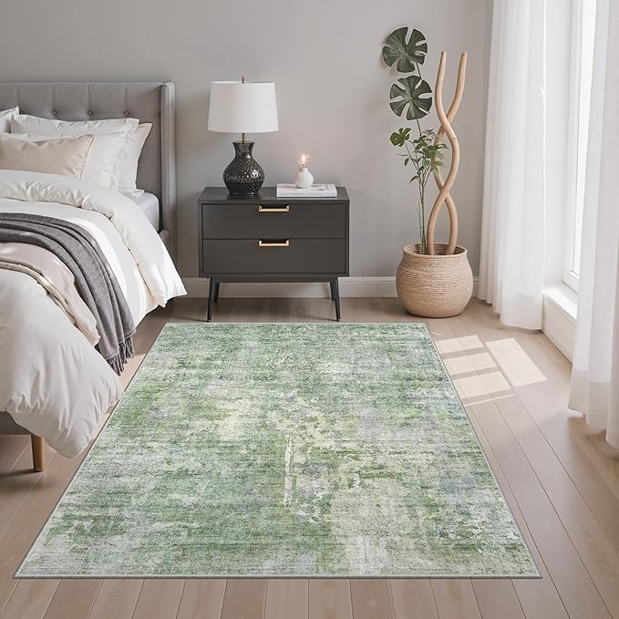 Area Rugs 4x6 for Living Room, Vintage Washable Rugs for Dining Room, Kitchen, Non-Slip Area Rug Green Ivory