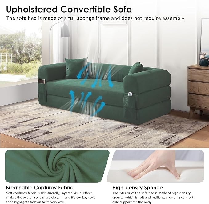 80" Convertible Sofa Bed, Corduroy Deep Seat Folding Pull Out Couch with Pillows, No Assembly Modern Boneless Couch Compression Sofa in Box, Floor Sofa with Storage Pocket for Living Room,Light Green