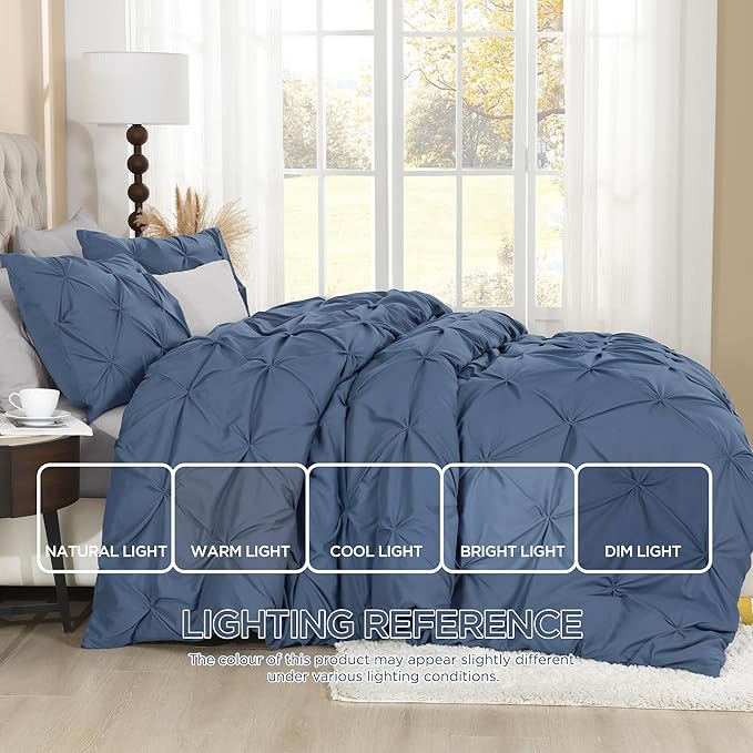 Litanika Ocean Blue Queen Pinch Pleat Duvet Cover, 3 Pieces Pintuck Cover Soft Microfiber Bedding Set with Zipper Closure & Corner Ties(90x90Inch-1 Duvet Cover, 2 Pillowcases)