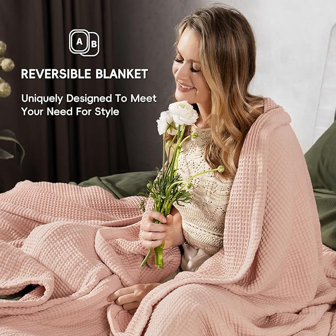 PHF 100% Cotton Waffle & Muslin Blanket Twin Size, Soft Breathable Luxury 400GSM Versatile Reversible Bedding for Bed, Great for Layering in Cold Weather, Home Decor Gift, 66" x 90", Rose Smoke