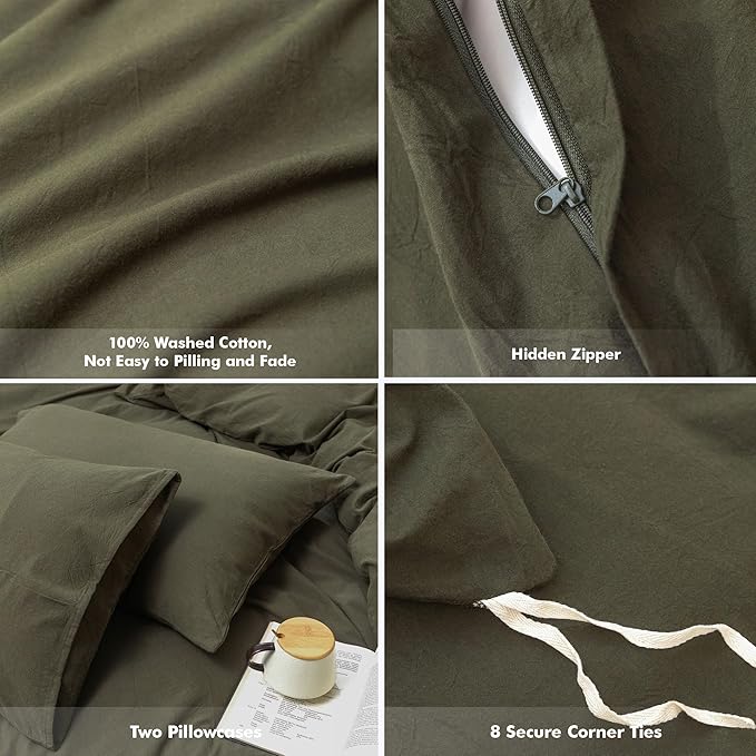 FOSSA Duvet Cover Set 100% Washed Cotton Linen Feel Super Soft Breathable Cozy 3 Pieces Bedding Sets Solid Olive Green Oversized King