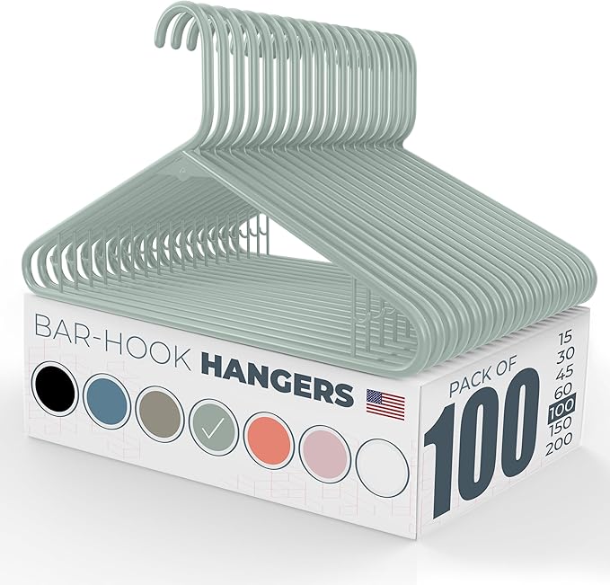 Neaties Plastic Hangers 100 Pack – Made in The USA – 6lb Capacity Standard Clothes Hangers with Strap Hooks for Dresses, Lingerie, Shirts, Pants, and Jackets – Mint