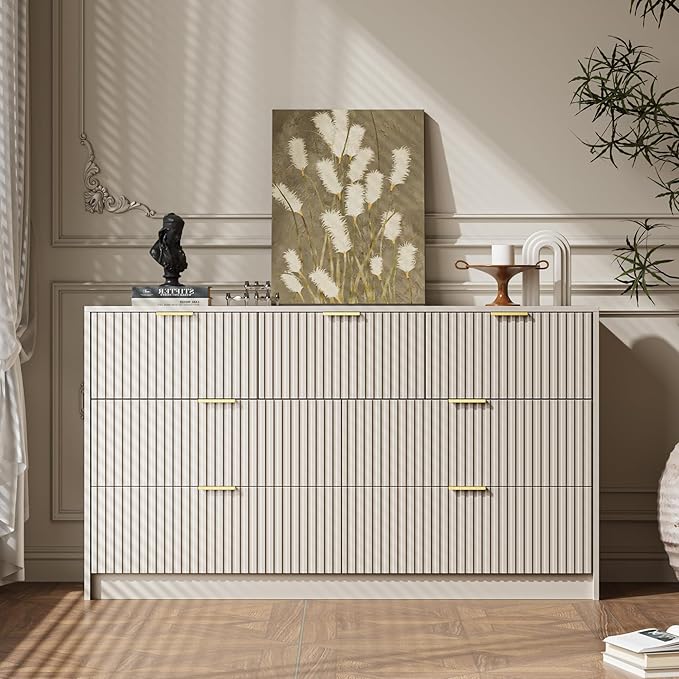 Beige 7 Drawer Dresser for Bedroom, 55.9" Wide Modern Fluted Dresser with Gold Metal Handles, Wide Chest of Drawers for Bedroom, Living Room, Entryway, Hallway